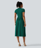 Stand Collar Short Sleeve Flare Midi Casual Dress with Pockets — Rain Forest — view 3