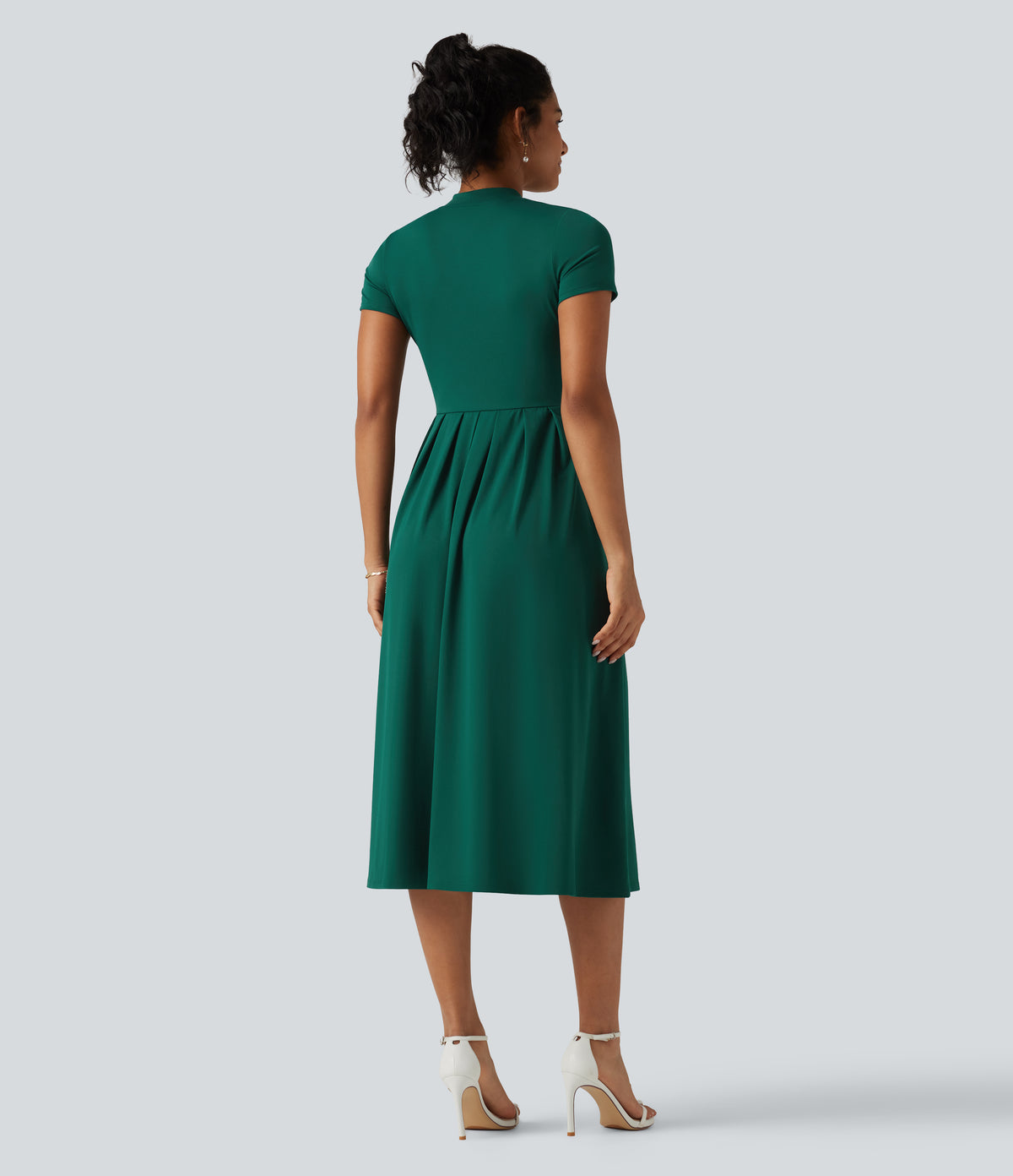 Stand Collar Short Sleeve Flare Midi Casual Dress with Pockets — Rain Forest — view 3