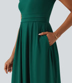 Stand Collar Short Sleeve Flare Midi Casual Dress with Pockets — Rain Forest — view 6