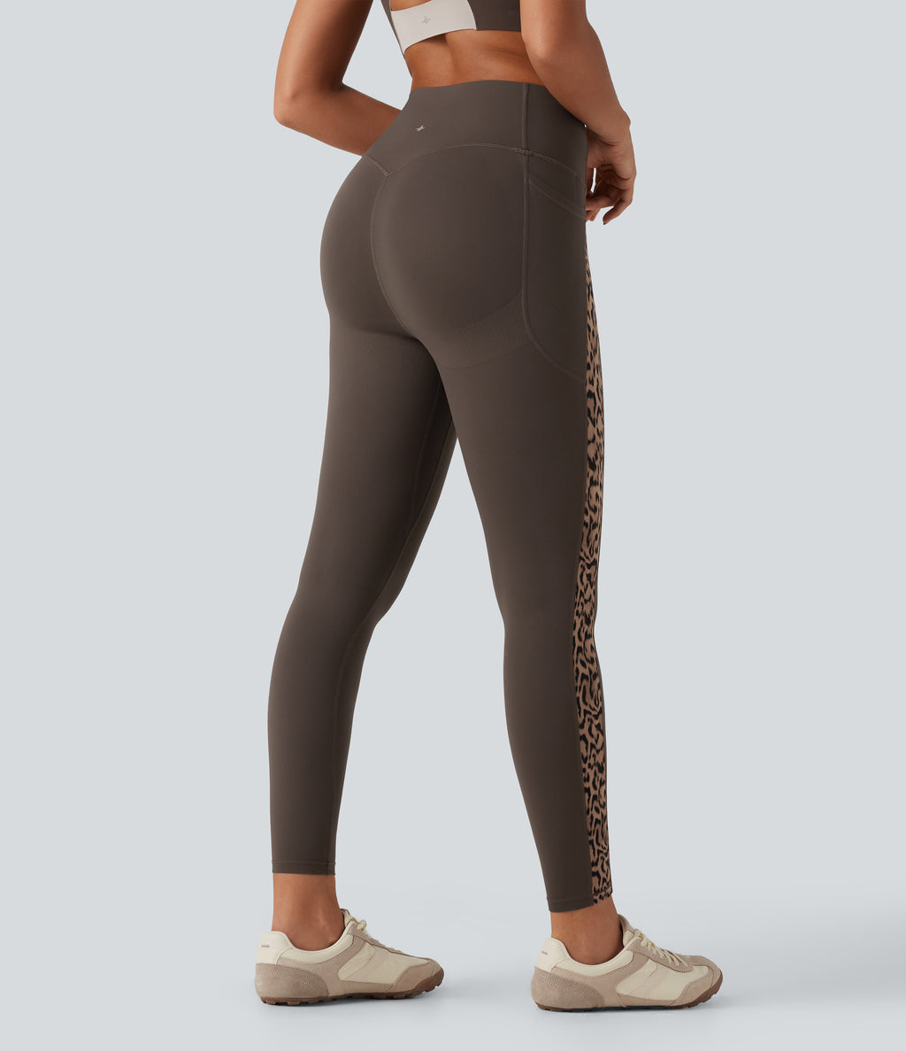 Leopard Print High Waisted Tummy Control Butt Lifting Yoga Leggings with Pockets — Hot Fudge — view 2