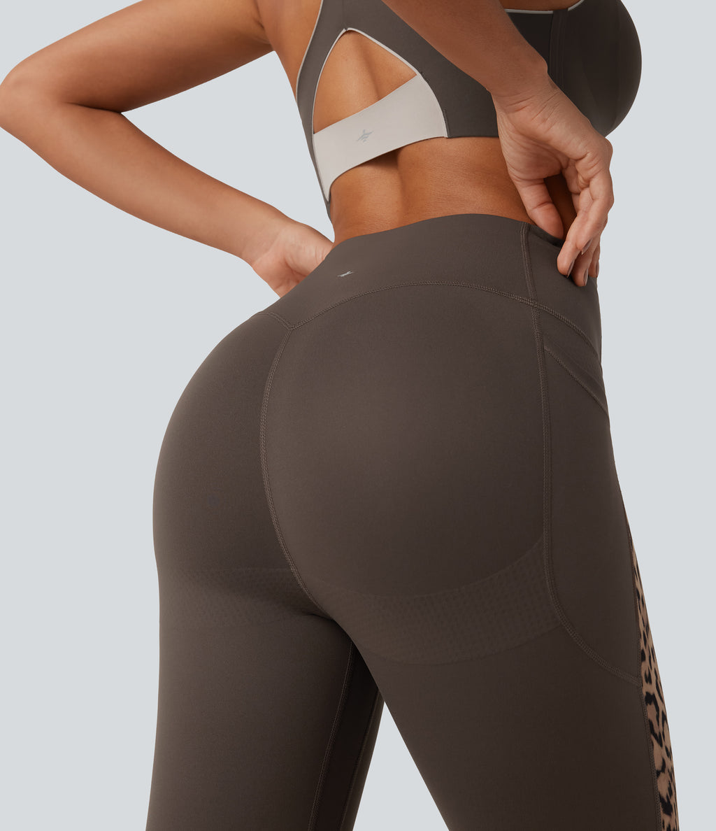 Leopard Print High Waisted Tummy Control Butt Lifting Yoga Leggings with Pockets — Hot Fudge — view 5