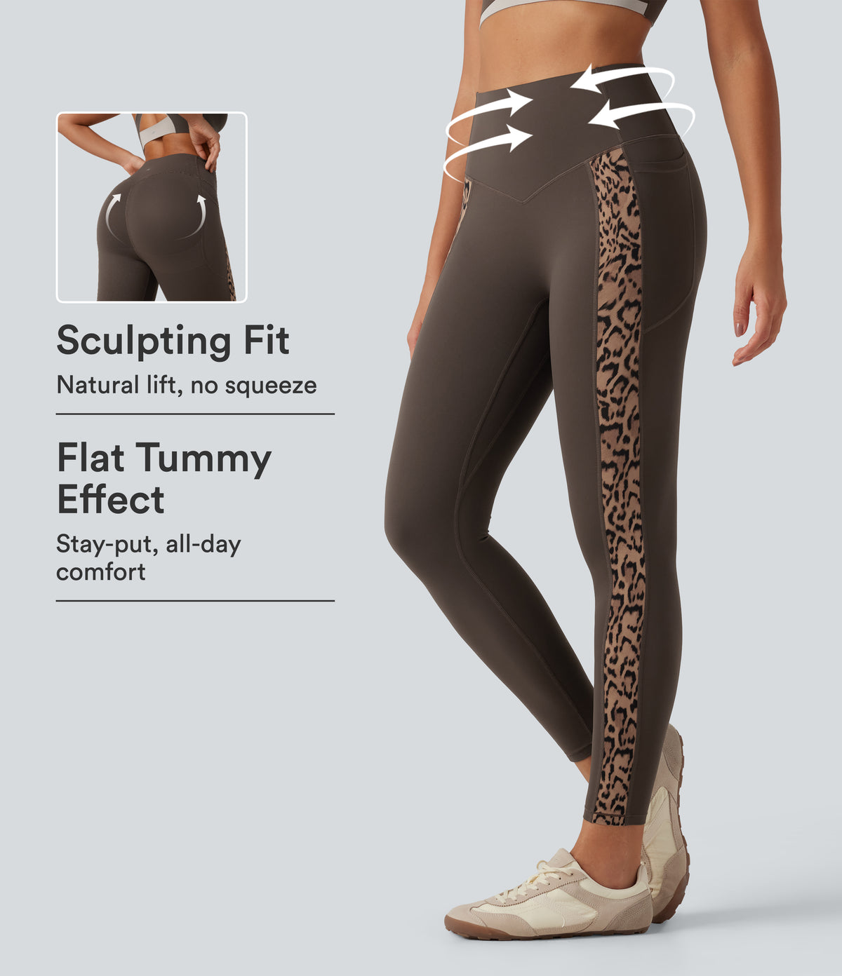 Leopard Print High Waisted Tummy Control Butt Lifting Yoga Leggings with Pockets — Hot Fudge — view 1