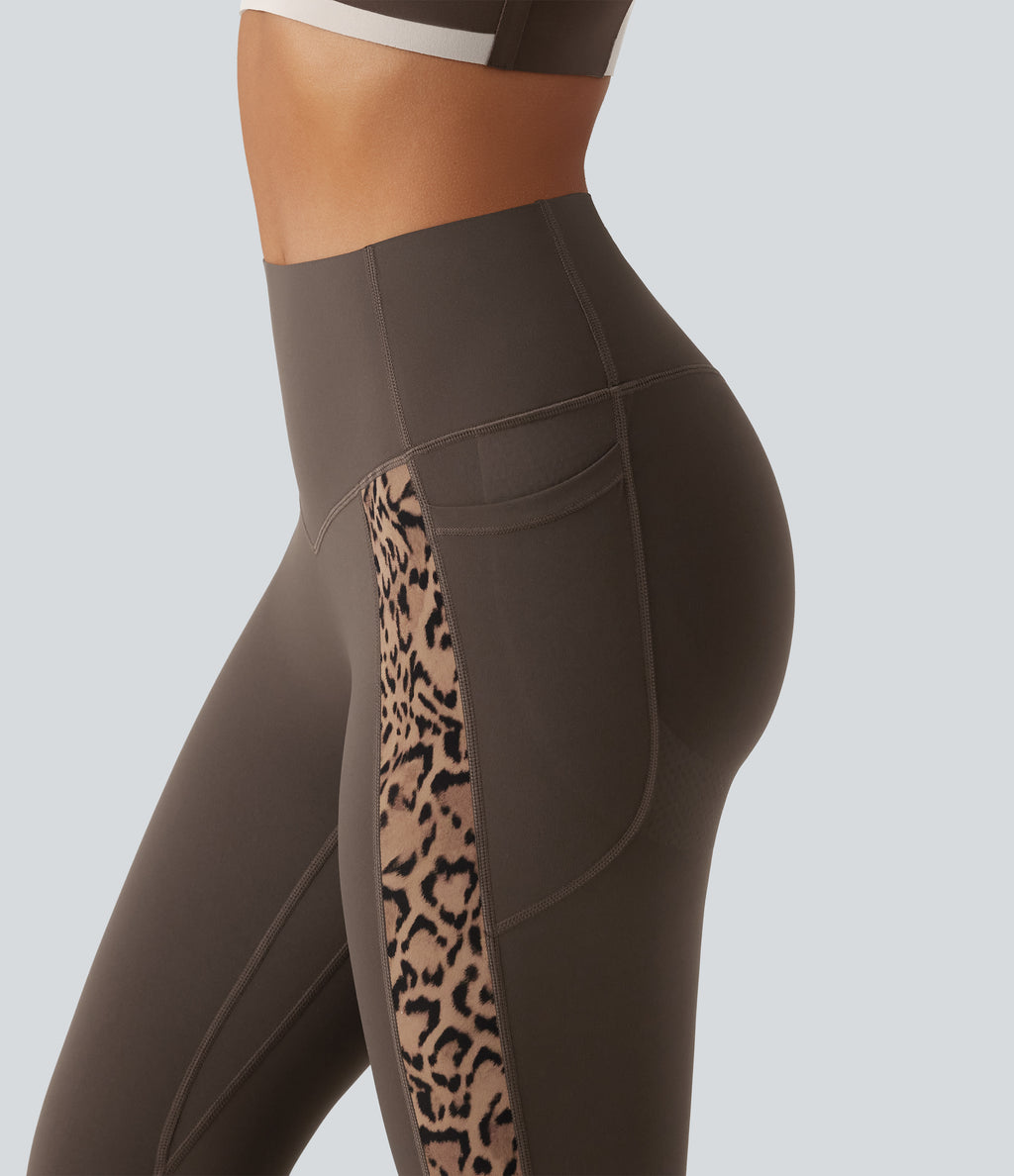Leopard Print High Waisted Tummy Control Butt Lifting Yoga Leggings with Pockets — Hot Fudge — view 4