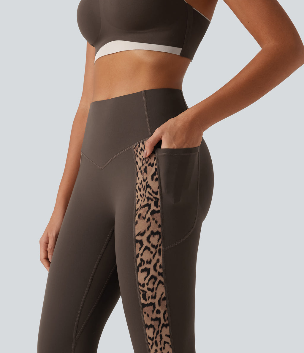 Leopard Print High Waisted Tummy Control Butt Lifting Yoga Leggings with Pockets — Hot Fudge — view 6