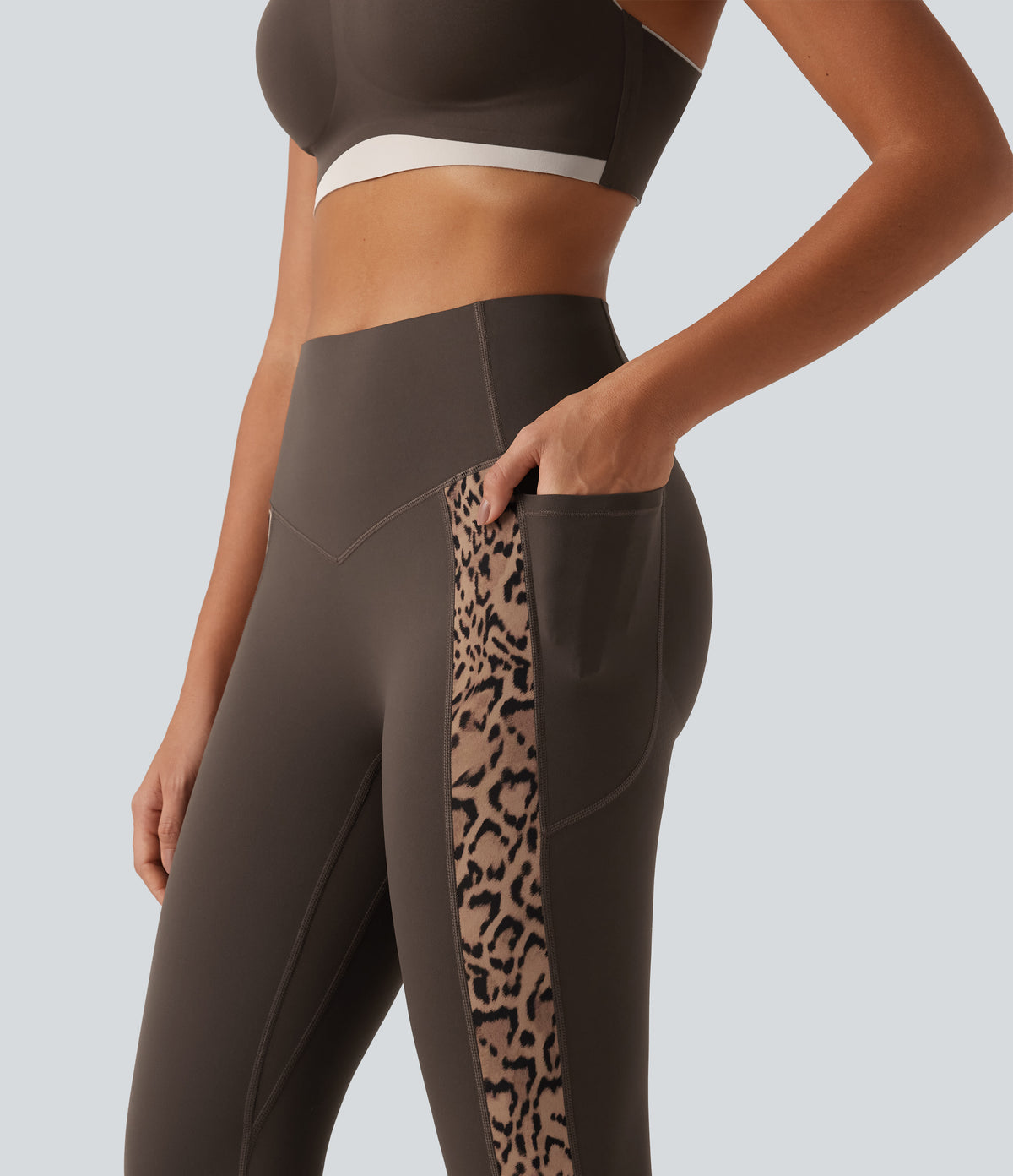 Leopard Print High Waisted Tummy Control Butt Lifting Yoga Leggings with Pockets — Hot Fudge — view 6
