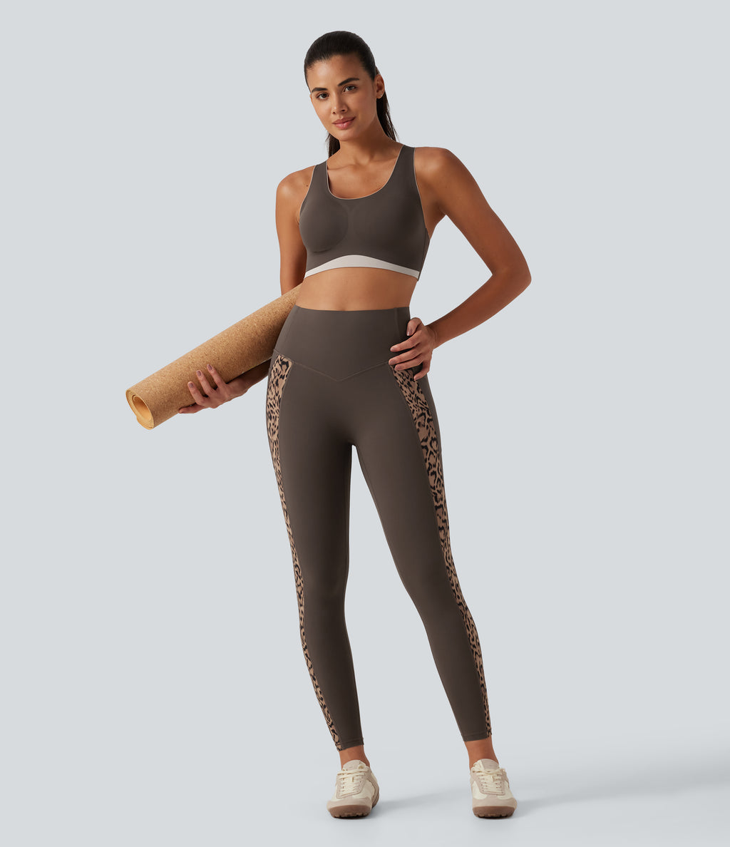 Leopard Print High Waisted Tummy Control Butt Lifting Yoga Leggings with Pockets — Hot Fudge — view 8