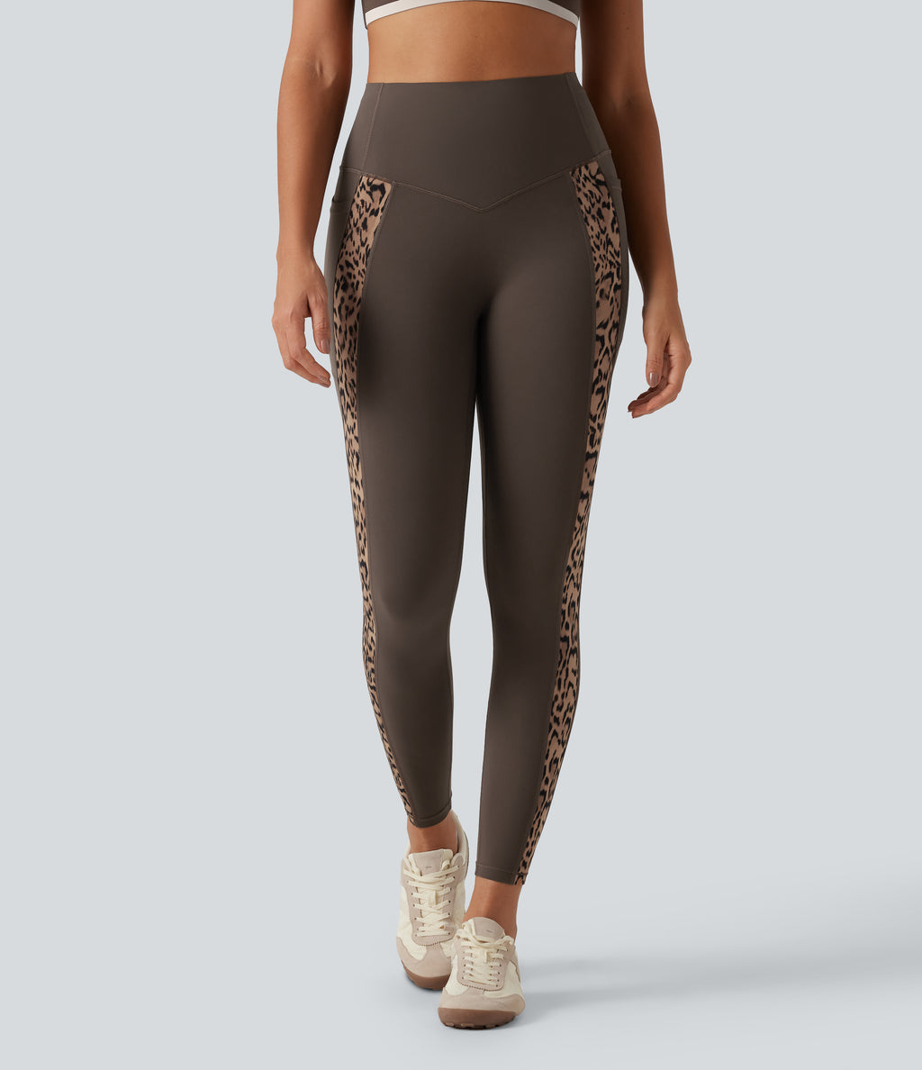 Leopard Print High Waisted Tummy Control Butt Lifting Yoga Leggings with Pockets — Hot Fudge — view 3