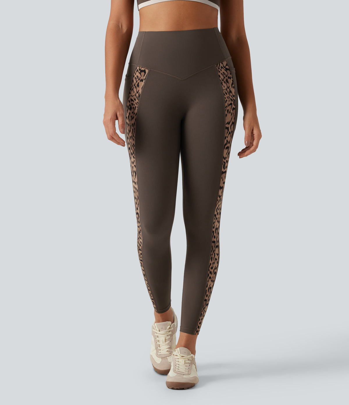 Leopard Print High Waisted Tummy Control Butt Lifting Yoga Leggings with Pockets — Hot Fudge — view 3