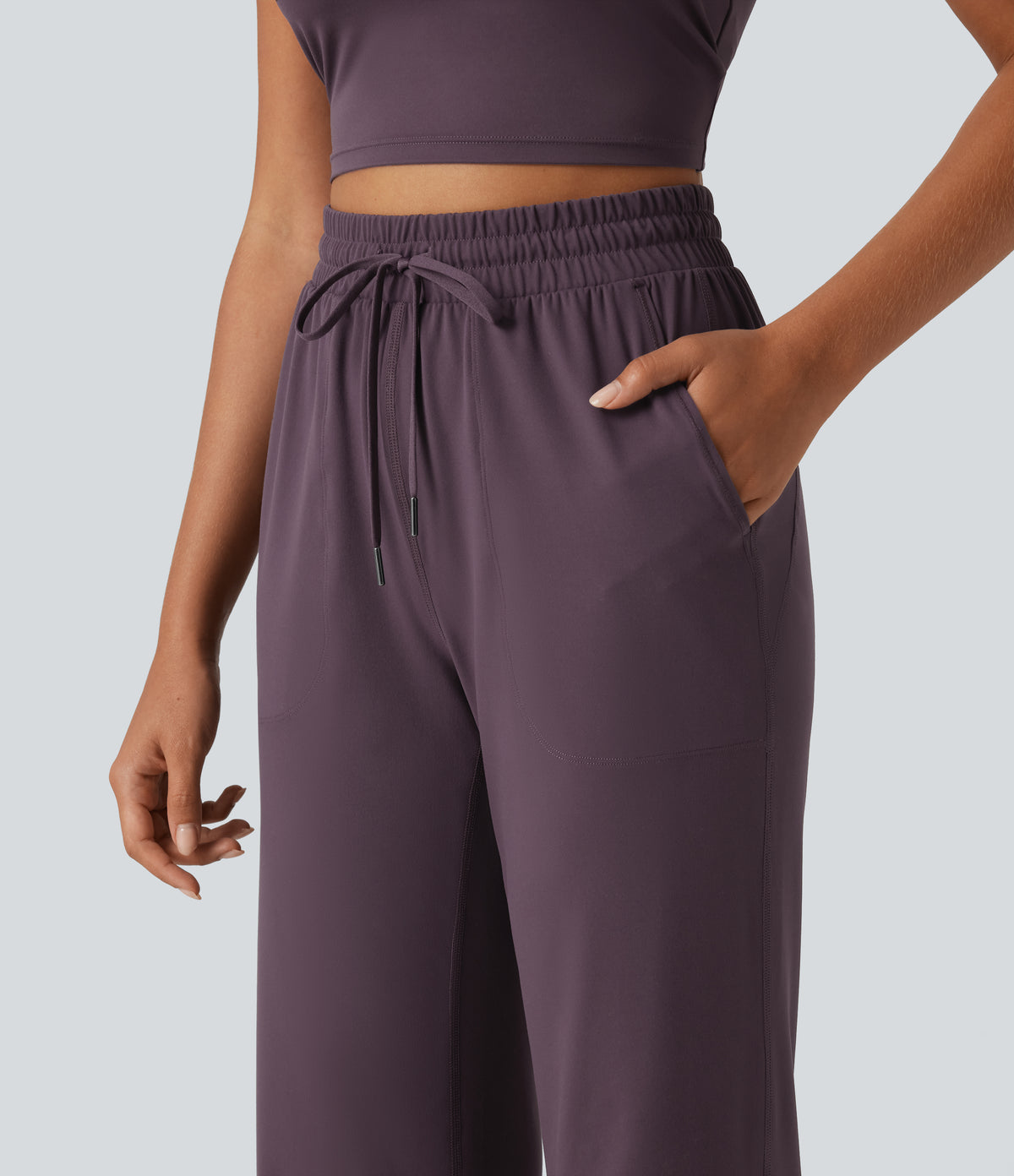 High Waisted Drawstring Flare Yoga Trousers with Pockets — Night's Purple — view 5