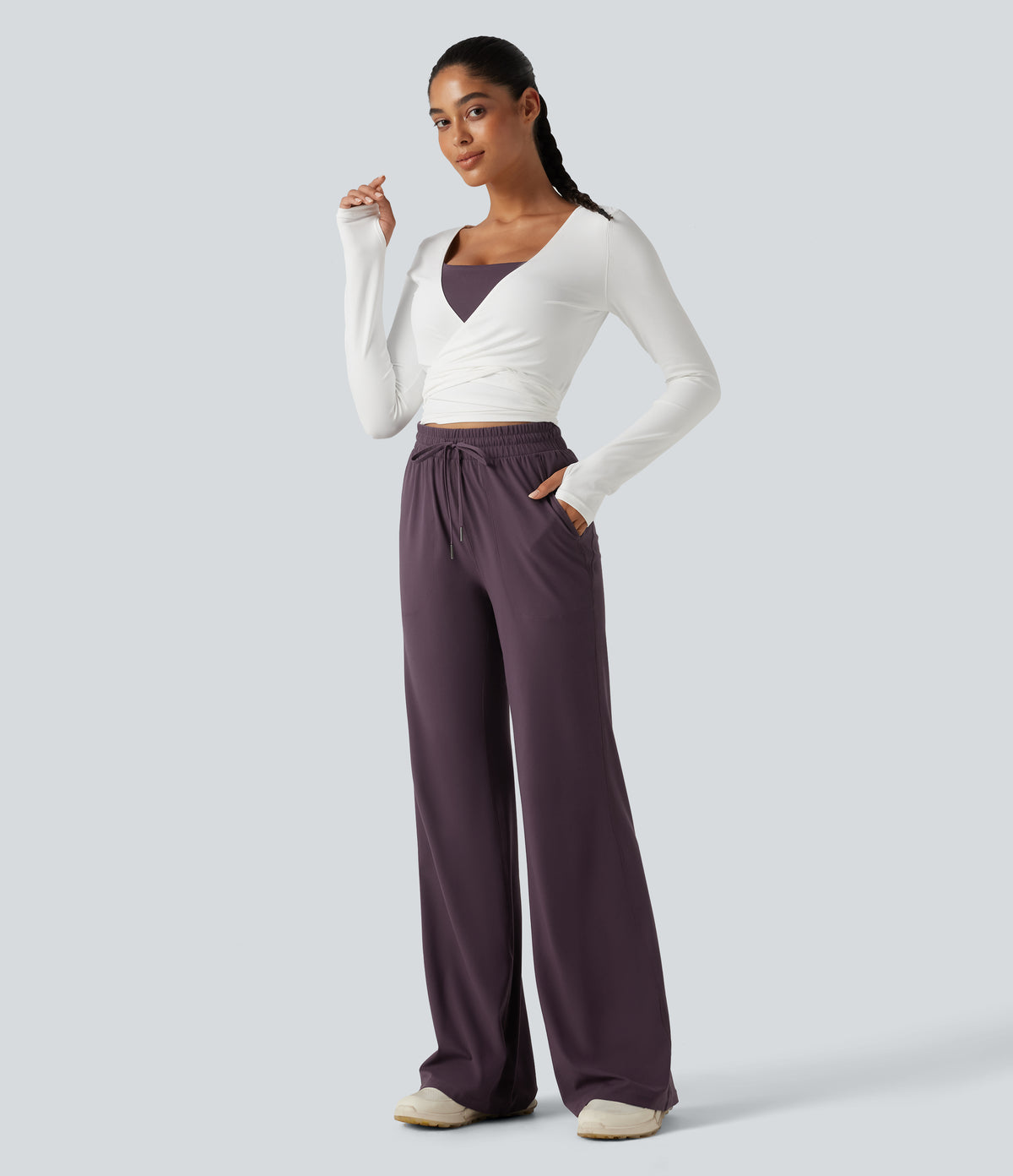 High Waisted Drawstring Flare Yoga Trousers with Pockets — Night's Purple — view 7