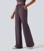 High Waisted Drawstring Flare Yoga Trousers with Pockets — Night's Purple — view 3