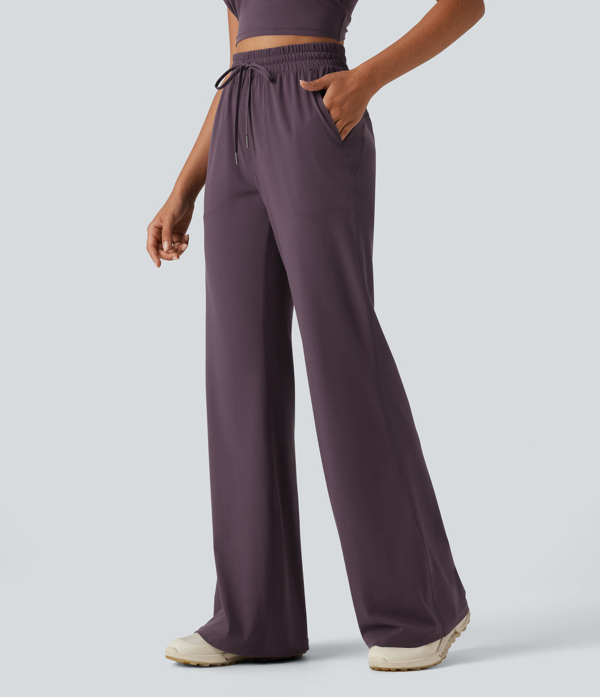 High Waisted Drawstring Flare Yoga Trousers with Pockets — Night's Purple — view 3