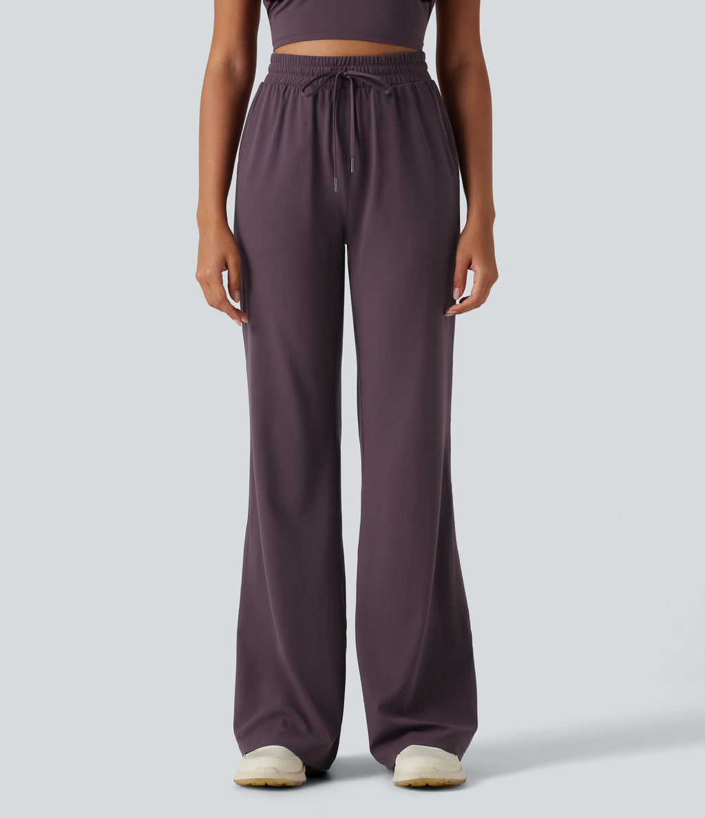 High Waisted Drawstring Flare Yoga Trousers with Pockets — Night's Purple — view 1