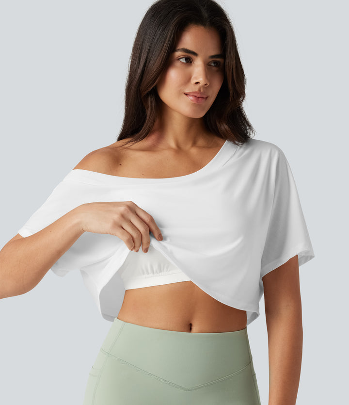 One Shoulder Short Sleeve Built-in Bra Quick Dry Yoga Sports Top — White — view 1