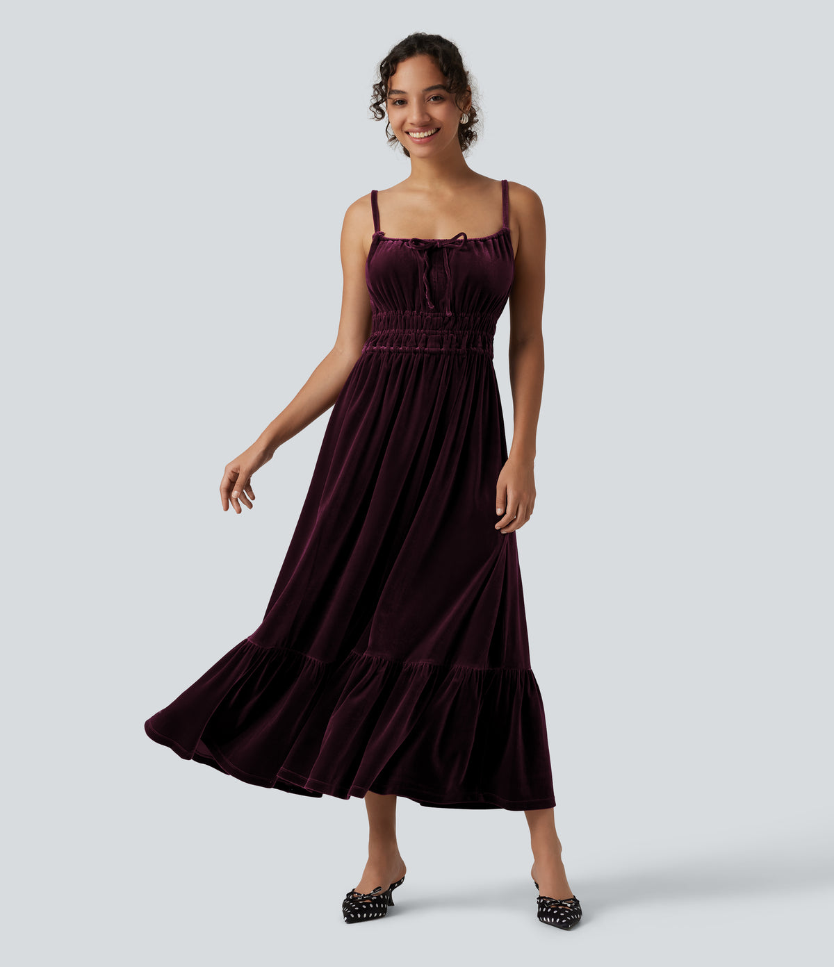 Square Neck Tie Front Flowy Midi Casual Slip Milkmaid Dress — Dusky purple — view 1