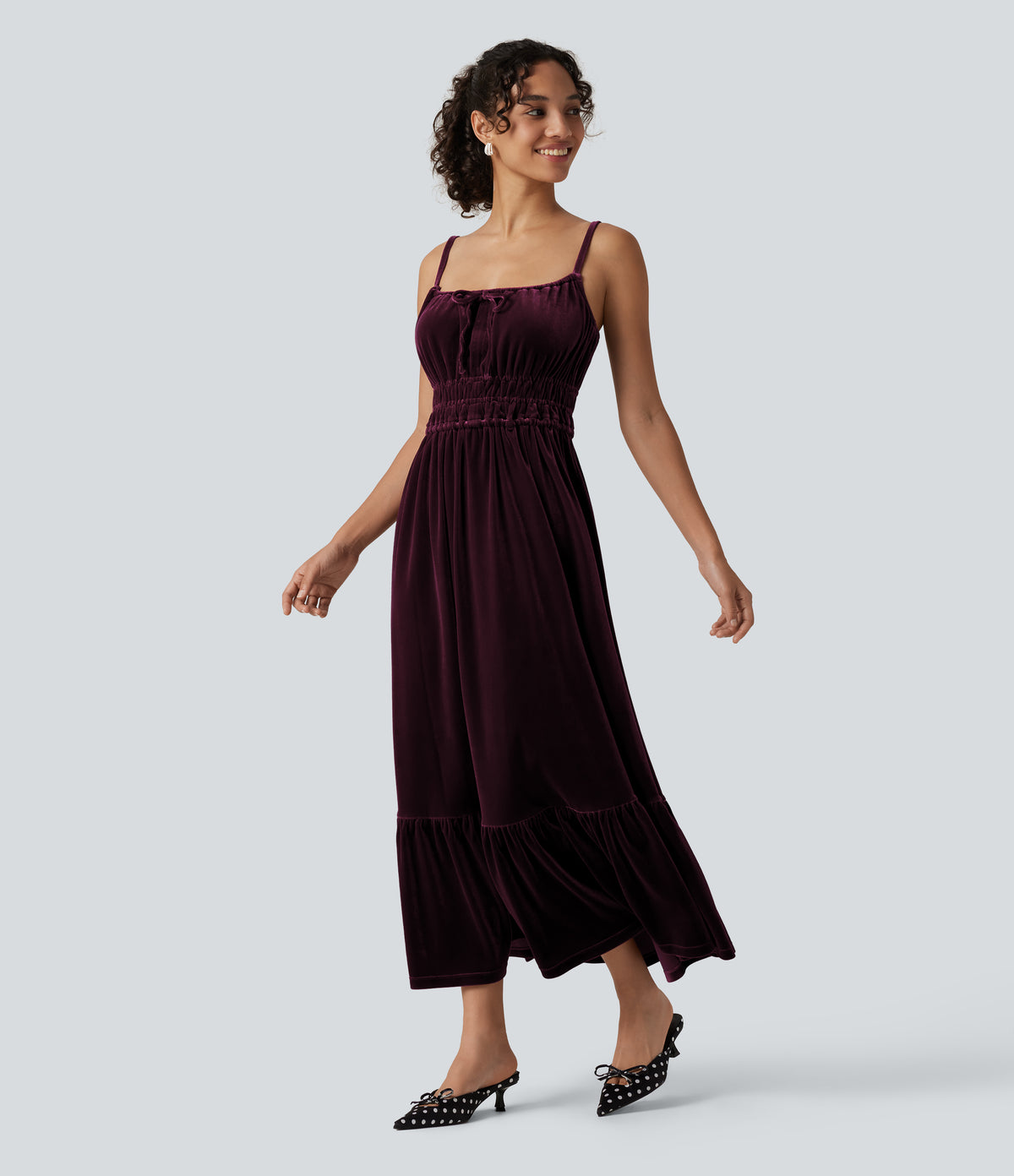 Square Neck Tie Front Flowy Midi Casual Slip Milkmaid Dress — Dusky purple — view 3