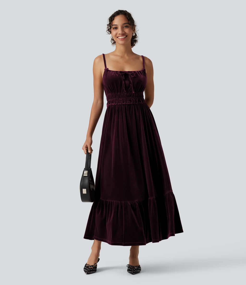 Square Neck Tie Front Flowy Midi Casual Slip Milkmaid Dress — Dusky purple — view 8