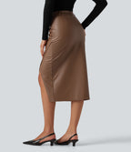 High Waisted Ruched Slit Hem Fleece PU Midi Bodycon Party Skirt — Rustic Brown — view 2