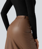 High Waisted Ruched Slit Hem Fleece PU Midi Bodycon Party Skirt — Rustic Brown — view 5