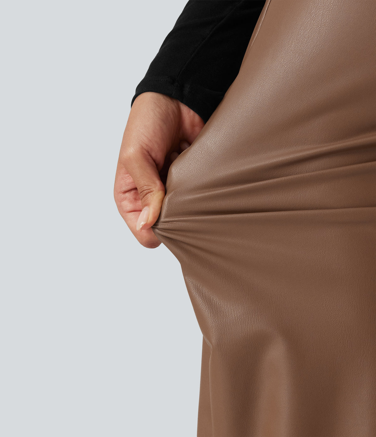 High Waisted Ruched Slit Hem Fleece PU Midi Bodycon Party Skirt — Rustic Brown — view 7
