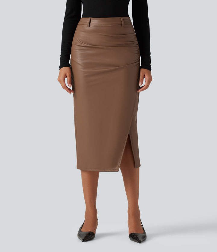 High Waisted Ruched Slit Hem Fleece PU Midi Bodycon Party Skirt — Rustic Brown — view 1
