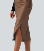 High Waisted Ruched Slit Hem Fleece PU Midi Bodycon Party Skirt — Rustic Brown — view 6