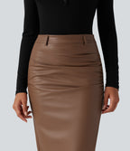 High Waisted Ruched Slit Hem Fleece PU Midi Bodycon Party Skirt — Rustic Brown — view 4