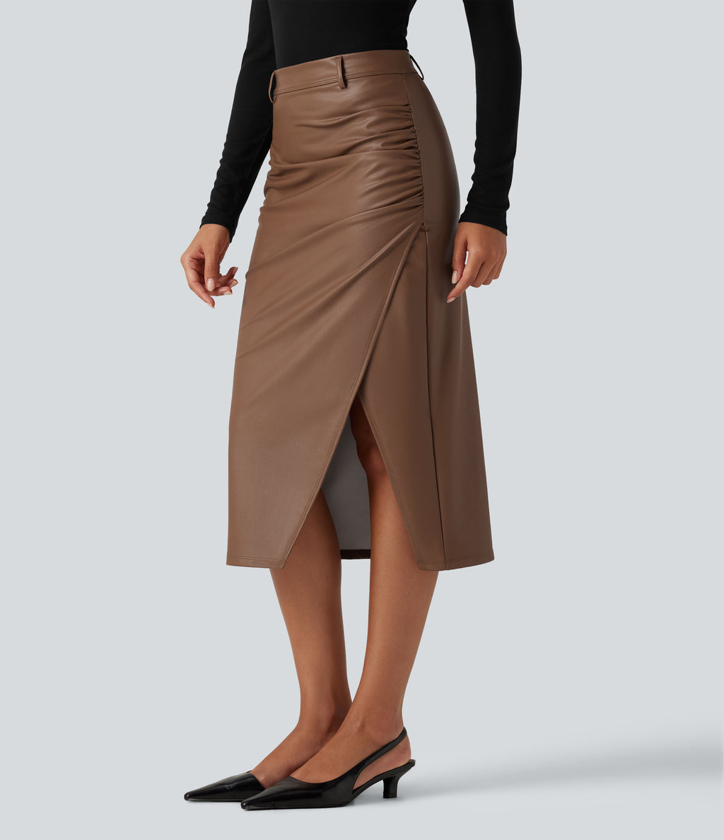 High Waisted Ruched Slit Hem Fleece PU Midi Bodycon Party Skirt — Rustic Brown — view 3