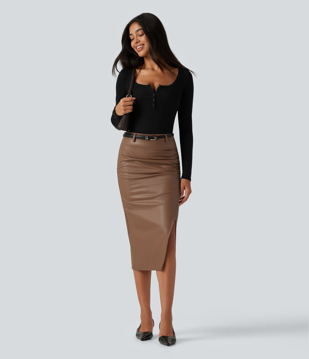 High Waisted Ruched Slit Hem Fleece PU Midi Bodycon Party Skirt — Rustic Brown — view 8
