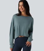 Round Neck Batwing Long Sleeve Curved Hem Cut Out Back Lounging Top — Tourmaline — view 5