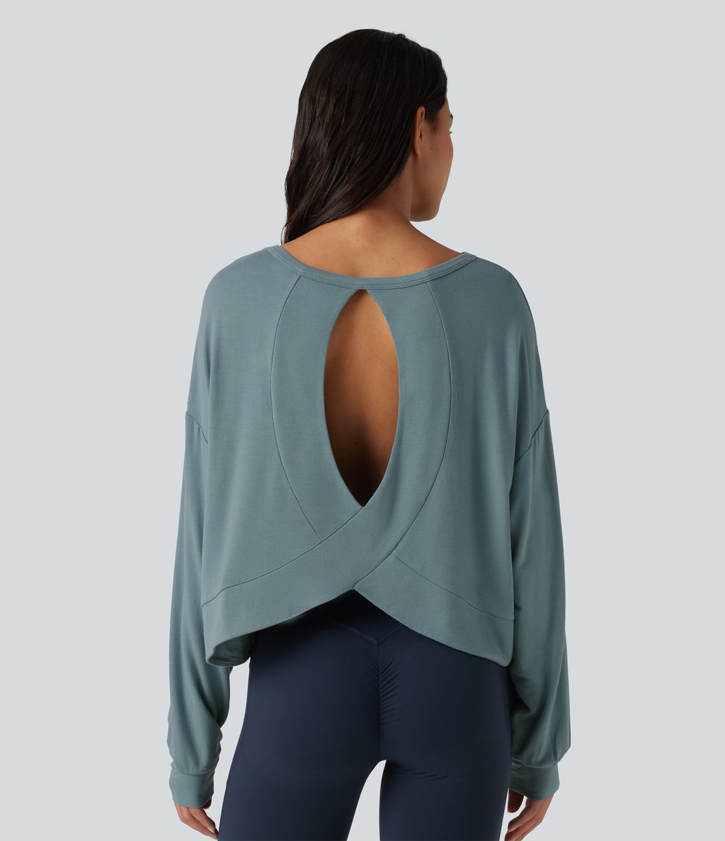 Round Neck Batwing Long Sleeve Curved Hem Cut Out Back Lounging Top — Tourmaline — view 4
