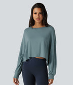 Round Neck Batwing Long Sleeve Curved Hem Cut Out Back Lounging Top — Tourmaline — view 3