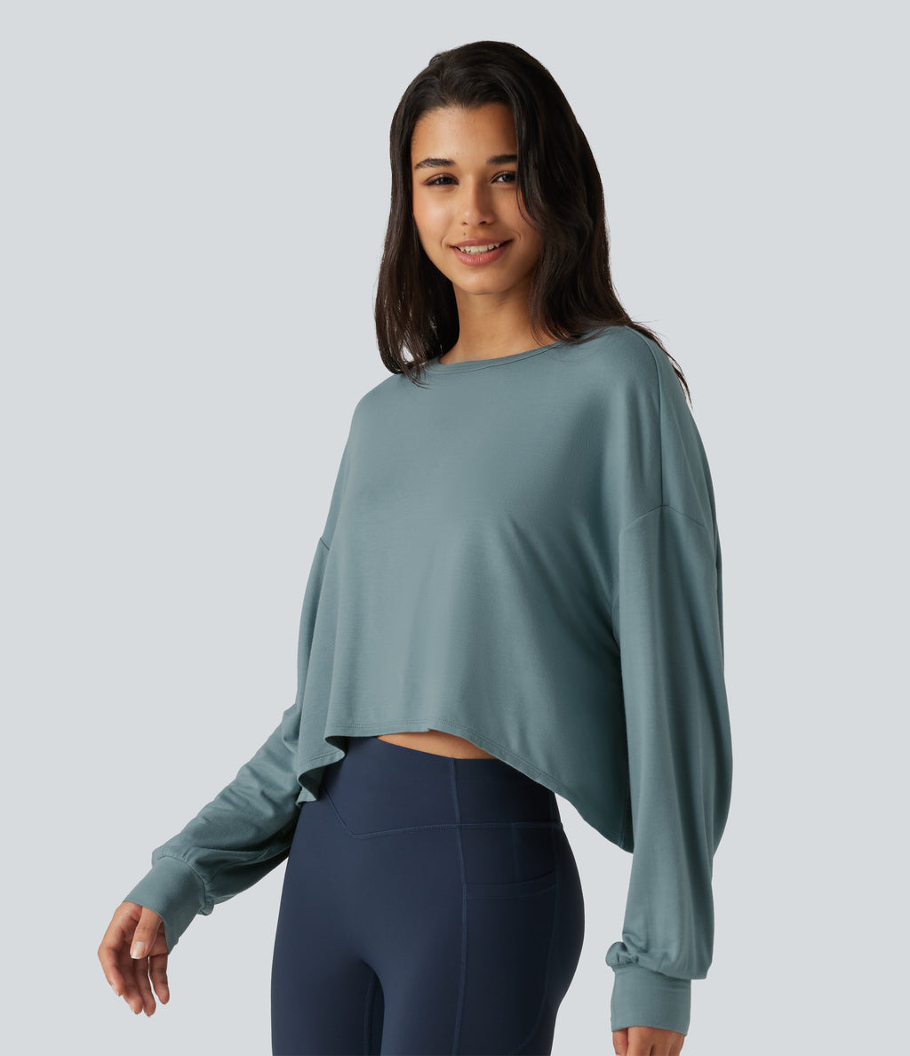 Round Neck Batwing Long Sleeve Curved Hem Cut Out Back Lounging Top — Tourmaline — view 2