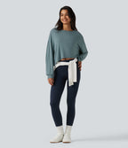 Round Neck Batwing Long Sleeve Curved Hem Cut Out Back Lounging Top — Tourmaline — view 7