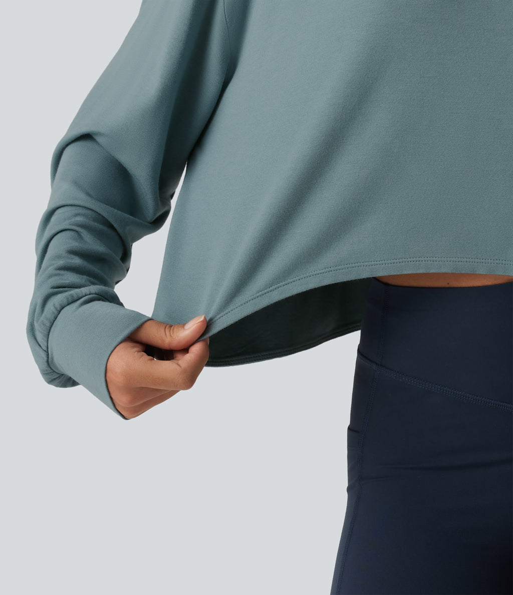 Round Neck Batwing Long Sleeve Curved Hem Cut Out Back Lounging Top — Tourmaline — view 6