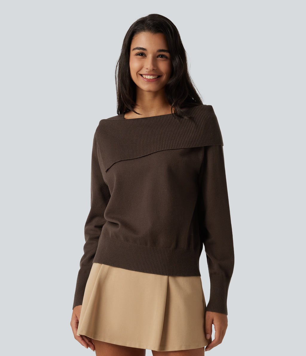 Lapel Long Sleeve Casual Jumper — Flamewood Brown — view 1
