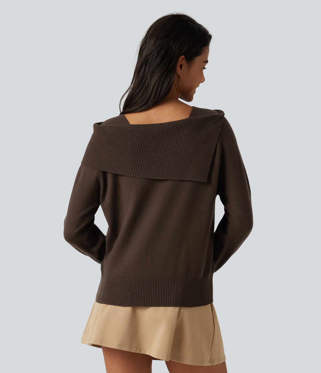 Lapel Long Sleeve Casual Jumper — Flamewood Brown — view 2