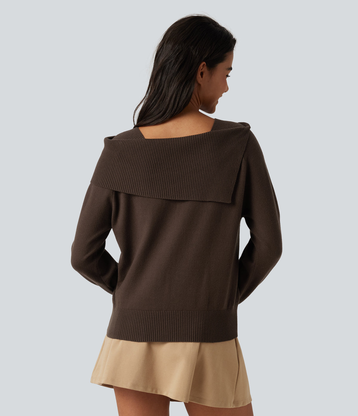 Lapel Long Sleeve Casual Jumper — Flamewood Brown — view 2