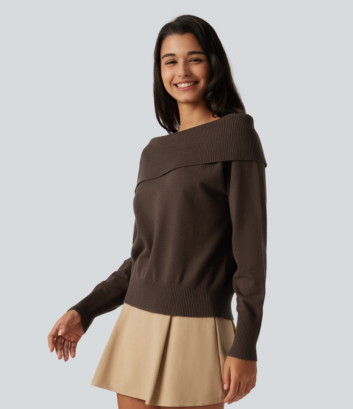 Lapel Long Sleeve Casual Jumper — Flamewood Brown — view 3