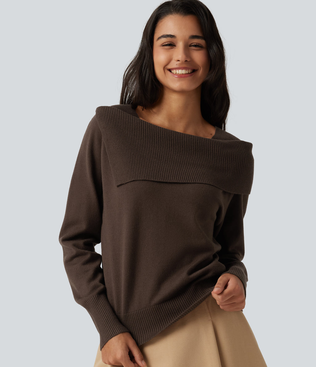 Lapel Long Sleeve Casual Jumper — Flamewood Brown — view 4