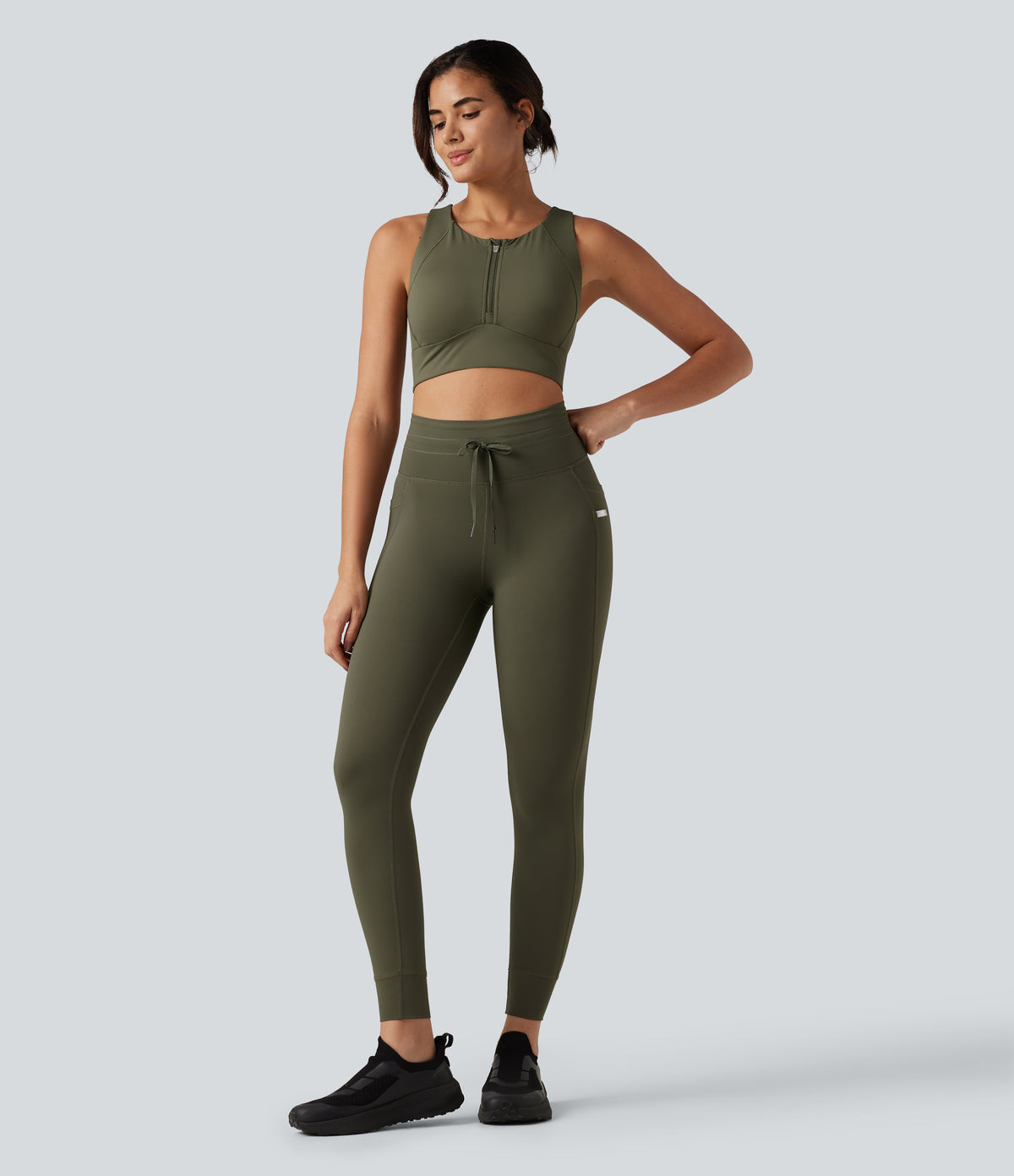 Medium Support Round Neck Non-Removable Pad Contrast Mesh InstantCool Quick Dry Running Sports Bra-UPF50+ — Grass Grey Green — view 8