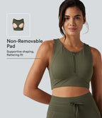 Medium Support Round Neck Non-Removable Pad Contrast Mesh InstantCool Quick Dry Running Sports Bra-UPF50+ — Grass Grey Green — view 1
