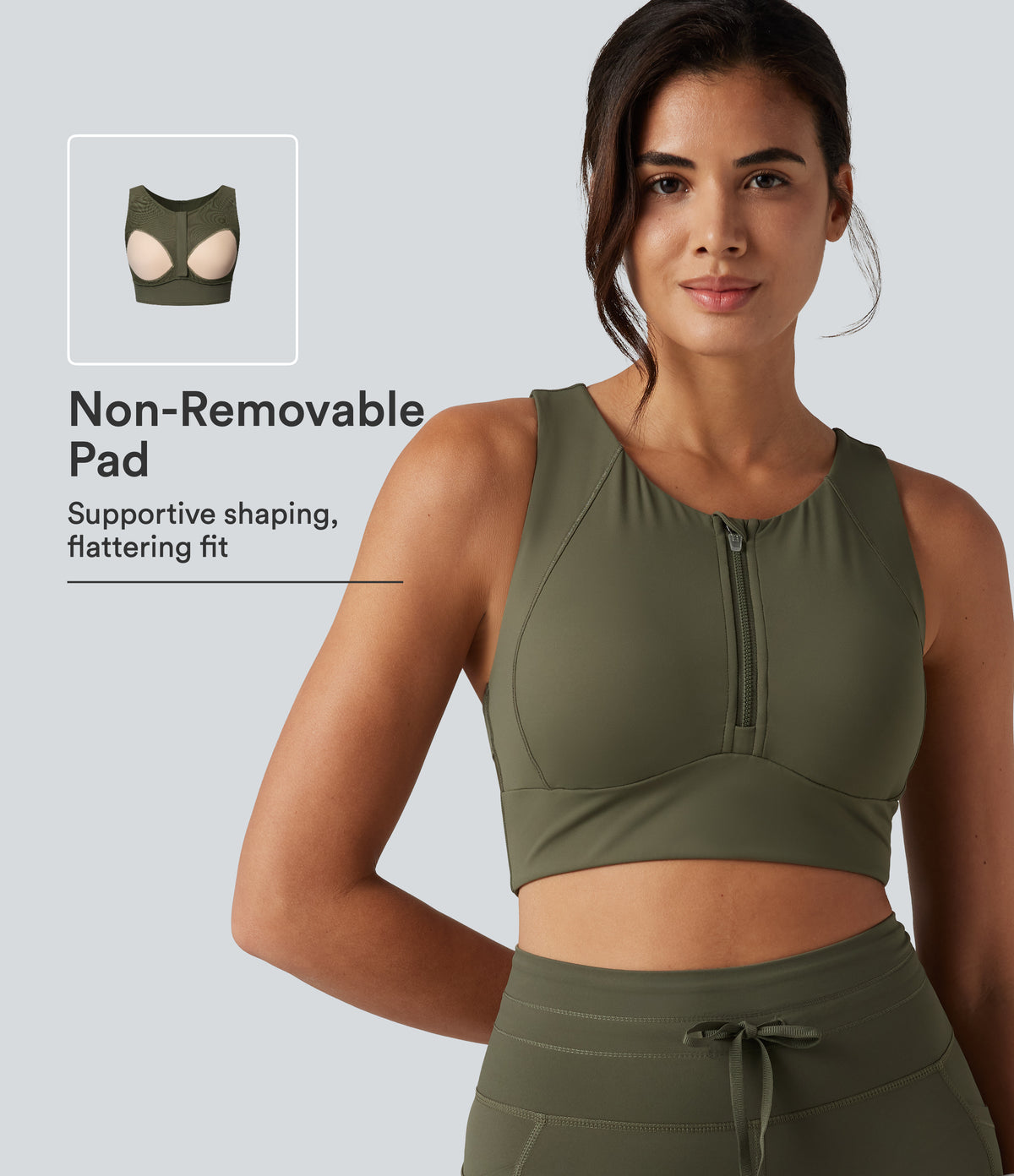 Medium Support Round Neck Non-Removable Pad Contrast Mesh InstantCool Quick Dry Running Sports Bra-UPF50+ — Grass Grey Green — view 1