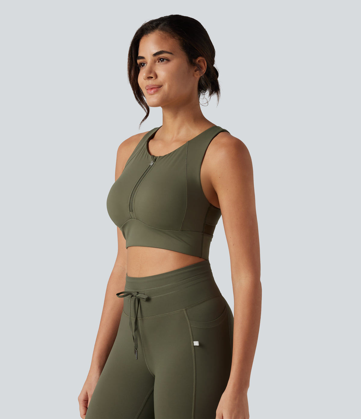 Medium Support Round Neck Non-Removable Pad Contrast Mesh InstantCool Quick Dry Running Sports Bra-UPF50+ — Grass Grey Green — view 3