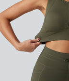Medium Support Round Neck Non-Removable Pad Contrast Mesh InstantCool Quick Dry Running Sports Bra-UPF50+ — Grass Grey Green — view 7