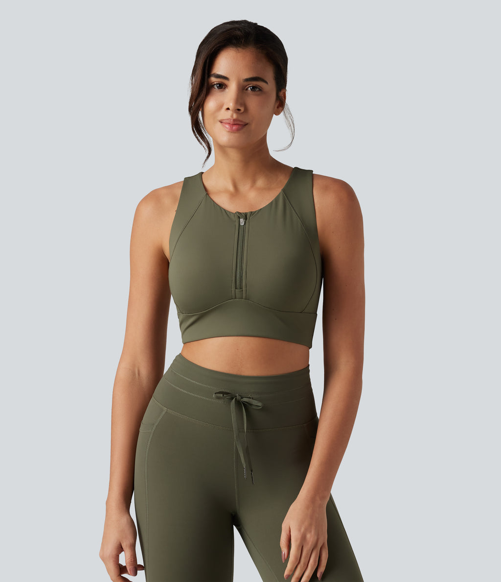 Medium Support Round Neck Non-Removable Pad Contrast Mesh InstantCool Quick Dry Running Sports Bra-UPF50+ — Grass Grey Green — view 4