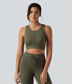 Medium Support Round Neck Non-Removable Pad Contrast Mesh InstantCool Quick Dry Running Sports Bra-UPF50+ — Grass Grey Green — view 4