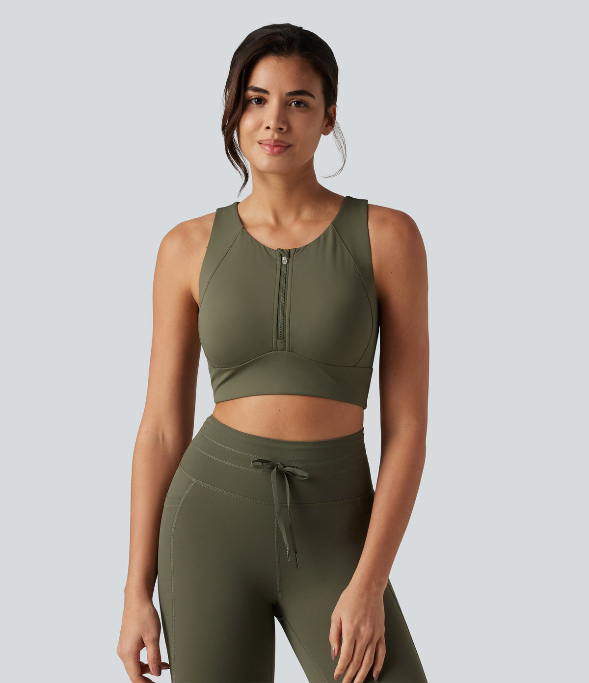 Medium Support Round Neck Non-Removable Pad Contrast Mesh InstantCool Quick Dry Running Sports Bra-UPF50+ — Grass Grey Green — view 4