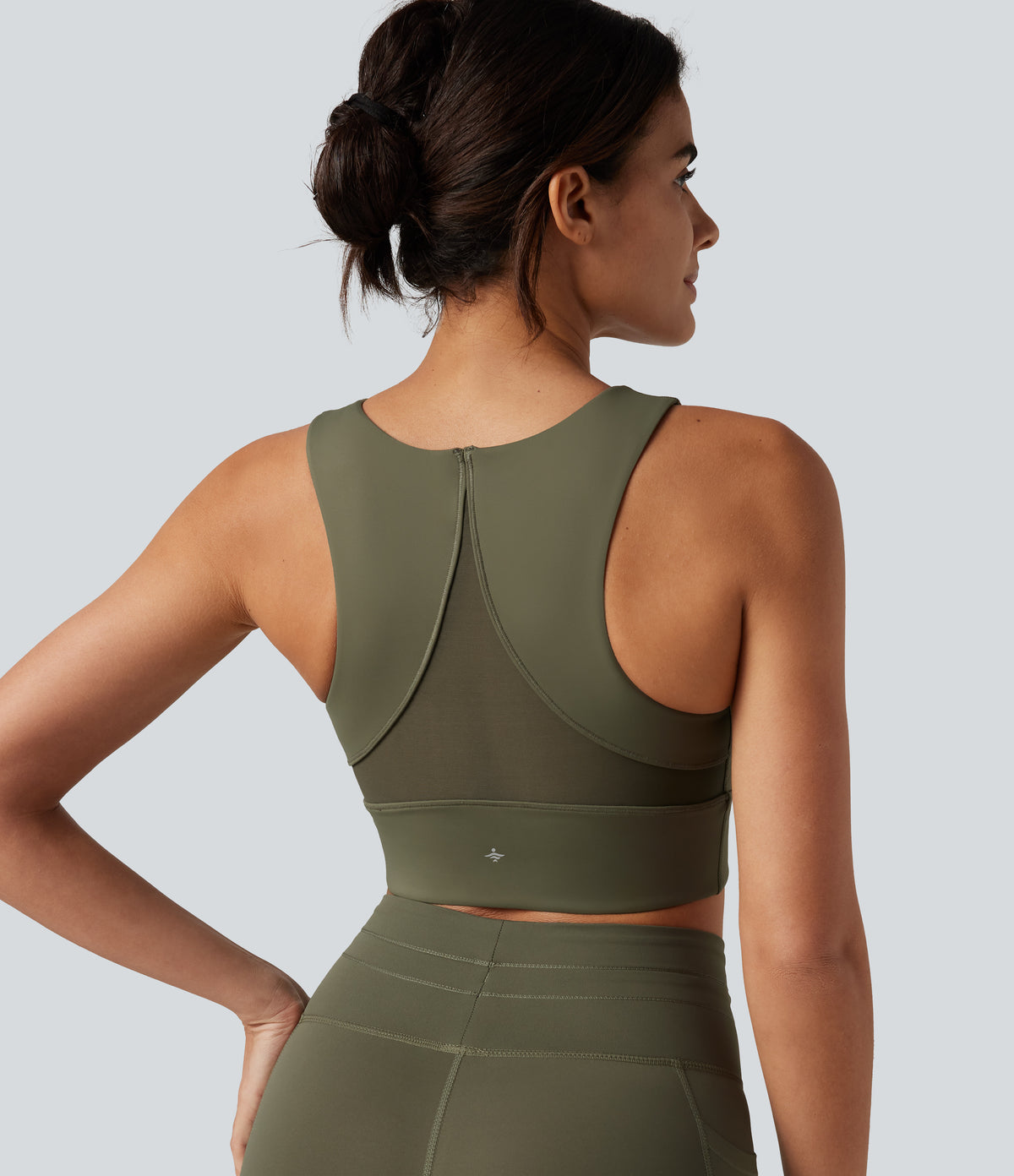 Medium Support Round Neck Non-Removable Pad Contrast Mesh InstantCool Quick Dry Running Sports Bra-UPF50+ — Grass Grey Green — view 5