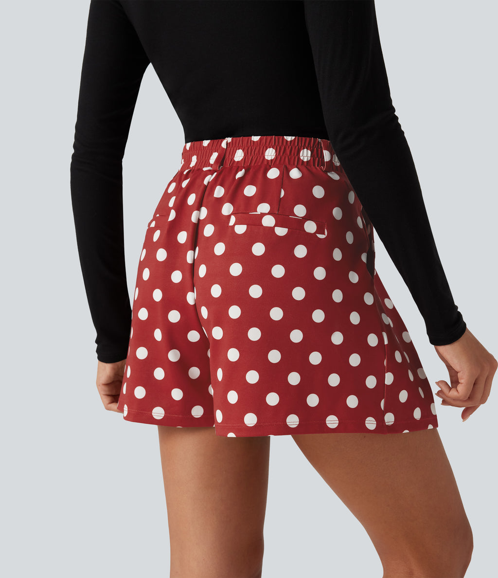 Mid Rise Wide Leg Polka Dot Casual Shorts 4" with Pockets — Clay Rose Dot — view 2